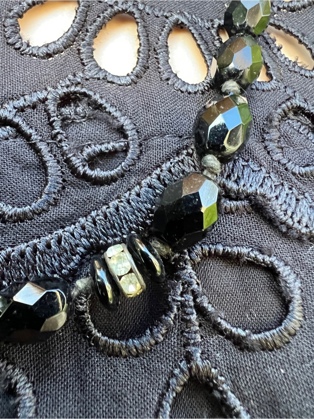 Vintage Black Glass Faceted Bead Necklace - Crystal Spacers 1950’s
